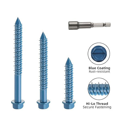 1/4" x 4-1/2" Concrete Screws, 50 PCS Blue Hex Washer Head Concrete Screws Anchor Kit with Hex Bit Socket, for Masonry, Cement, Block, Brick or Stucco