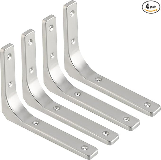 SAYAYO Heavy Duty Floating Shelf Brackets 8 Inch x 6 Inch, Stainless Steel Wall Shelf Brackets & Supports Brushed Nickel L Bracket, Angle Bracket Corner Brace for Wood, 4Pcs