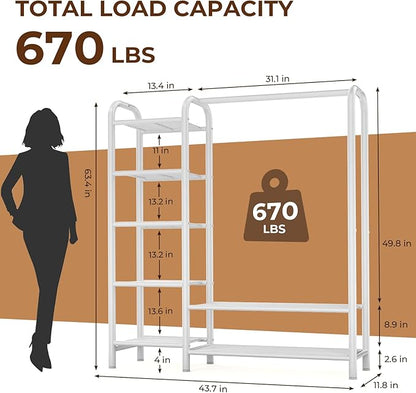 Heavy Duty Clothes Rack with 5 Tiers Shelves, Max Load 670LBS, Portable Freestanding Multi-Functional Metal Clothing Rack with Hanging Rods Organizer System for Bedroom Closet Wardrobe, White