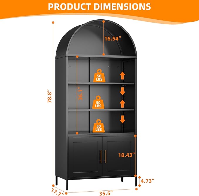 Metal Arched Bookcase Cabinet,Wide Black Arched Bookshelf with 2 Adjustable Shelf for Home Office Living Room,Required Assembly,17.7" D x 35.5" W x 78.8" H