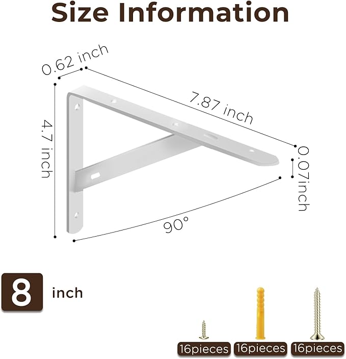 Shelf Brackets Heavy Duty, 8 Pack White 8 inch Floating Shelf Bracket, Max Load 100 lbs of Metal Triangle Decorative Shelf Support Brackets for Wall Mount