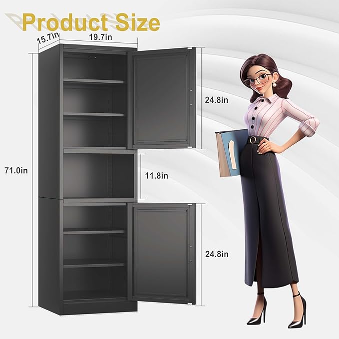 67" Tall Narrow Storage Cabinet Metal Bathroom Cabinet with 2 Doors & 4 Adjustable Shelves, Standing Pantry Cabinets Cupboard for Kitchen, Dining Room, Living Room and Bathroom (Black)