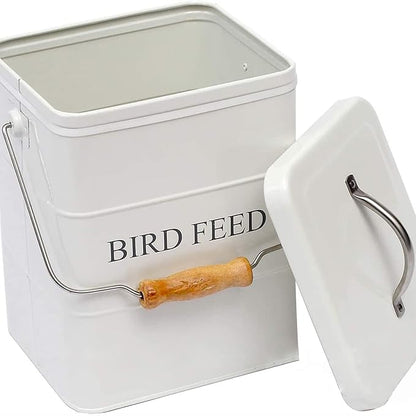 DEAYOU Pet Food Storage Tin with Lid, Metal Bird Seed and Feed Container with Serving Scoop, Treats Storage Canister Bin Can for Dogs, Cats Food, Coated Carbon Steel, Tight Fitting Lid, White, 5-6 Lbs