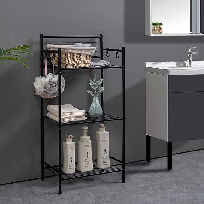 L&H UNICO 3-Shelf Tier Standing Unit Storage Wire Shelving Multipurpose Rack Organizer with 4-Hooks for Bathroom Laundry Kitchen Office, Black
