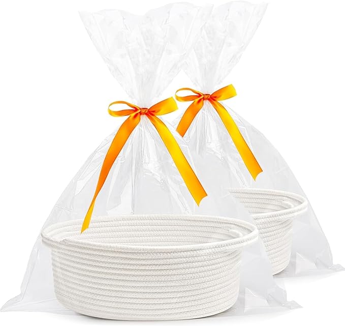 Gift Basket Empty, Small Woven Storage Basket with Gift Bags & Ribbons, Cotton Rope Room Shelf Storage Basket with Handle for Organizer Nursery Bins or Baby Shower 12" x 8" x 5" (White, 2 Pack)