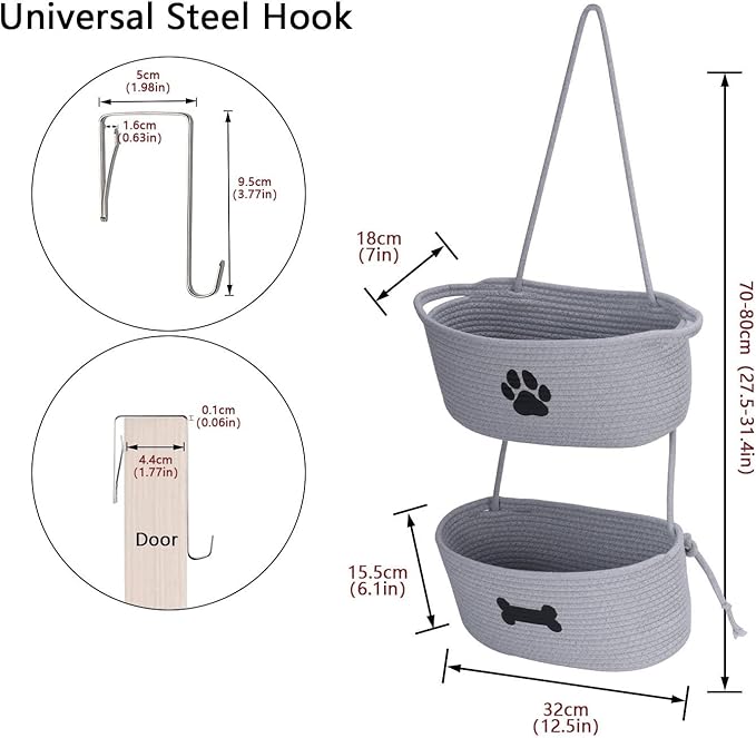 2-Tier Dog Baskets,Over Door Hanging Oganizer for Pet Stuff with Metal Hooks,Cotton Rope Wall-Mounted Storage Organizer for Dog Leash/Harness/Small Toys/Trash Bag - Gray
