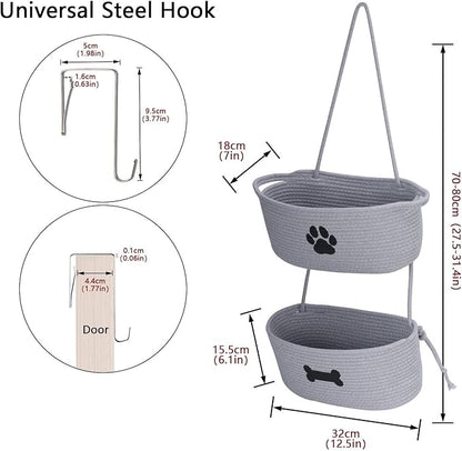 2-Tier Dog Baskets,Over Door Hanging Oganizer for Pet Stuff with Metal Hooks,Cotton Rope Wall-Mounted Storage Organizer for Dog Leash/Harness/Small Toys/Trash Bag - Gray