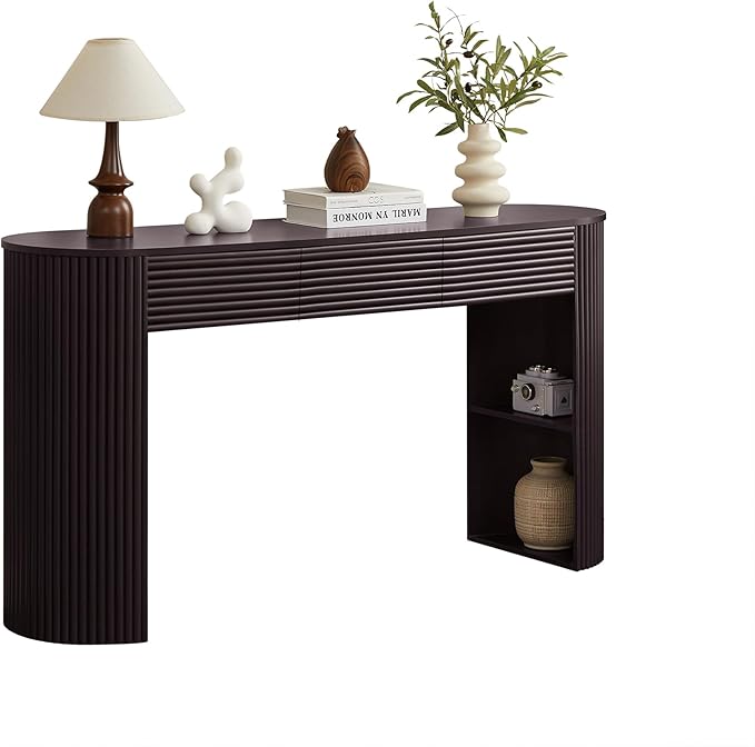 Retro Console Table with Storage, Rounded Console Table with 3 Drawers and 1 Table-Leg Niche, Round Slat Aesthetic for Entryway, Living Room, Hallway (Espresso-X306)