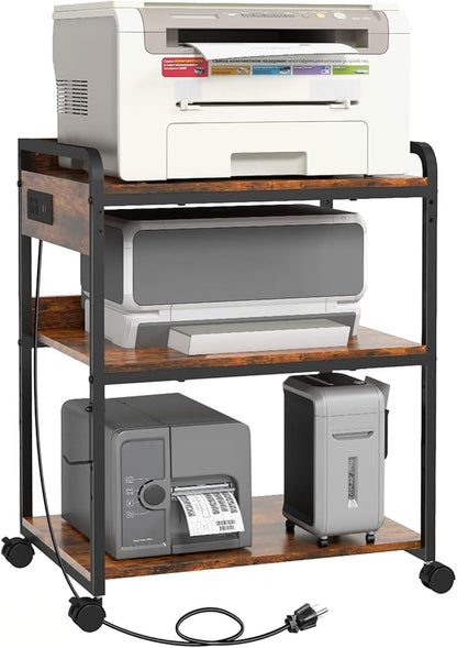 Livofloral 3 Tier Large Printer Stand with Wheels, 25.2 x 18.9 Inch Printer Stand with Power Outlet USB Port, Printer Table with Adjustable Storage Shelf for Home Office, Rustic Brown