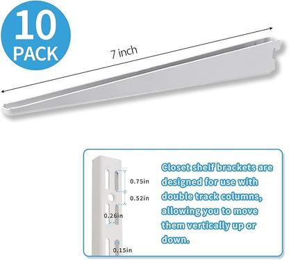 10 Pack 7‑Inch Adjustable Wire Shelf Brackets – Heavy‑Duty Double‑Track Closet & Wall Shelving System Supports（White）