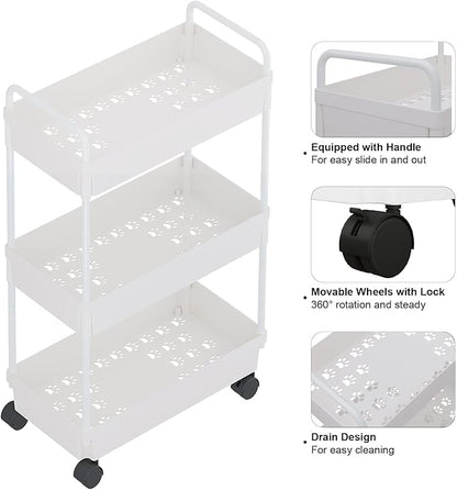 Buzowruil Rolling Storage Cart 3 Tier Organizer Mobile Shelving Unit Storage Rolling Utility Cart with Wheels for Kitchen Bathroom Laundry,White