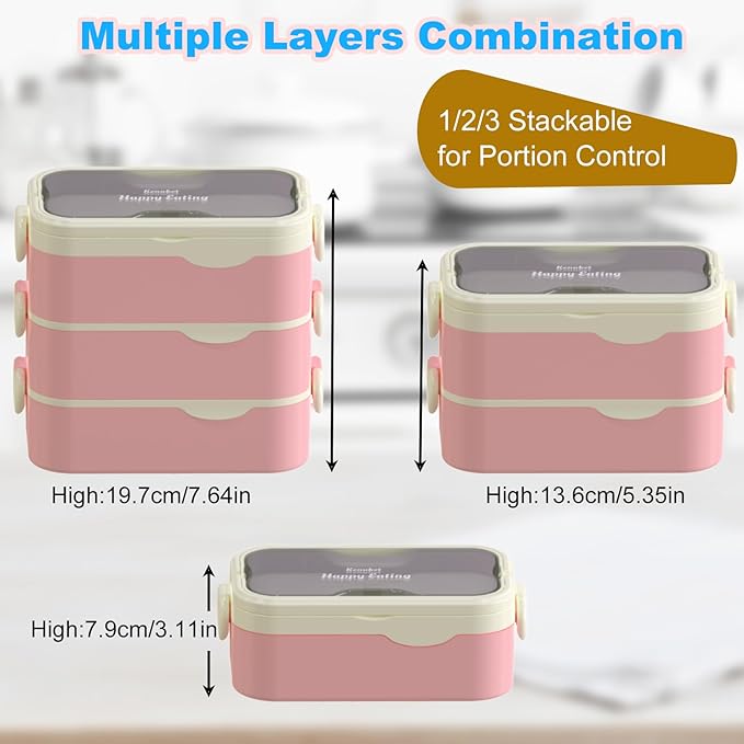 Bento Box Adult Lunch Box, Stackable 3 Layers Large Capacity Lunch Containers, Microwave and Dishwasher Safe Food Grade Containers with Utensils, Dividers and Sauce Boxes for Men, Women, Kids