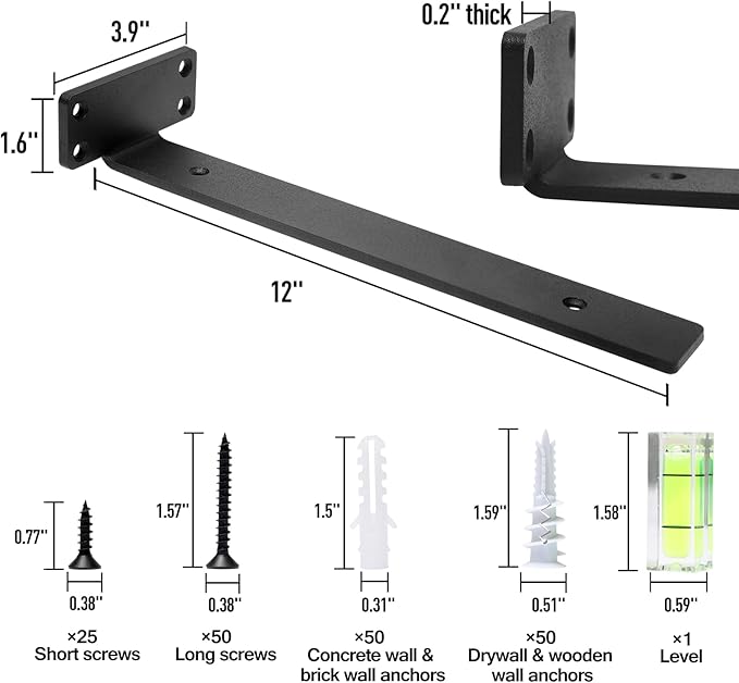 HITOMEN Heavy Duty Floating Shelf Brackets, 12-Inch (1/5'' Thick) Hidden Shelves Hardware, Iron L Brackets, Rustic Industrial Black Metal Wall Shelving Supports, 12 Pack