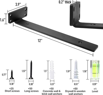 HITOMEN Heavy Duty Floating Shelf Brackets, 12-Inch (1/5'' Thick) Hidden Shelves Hardware, Iron L Brackets, Rustic Industrial Black Metal Wall Shelving Supports, 12 Pack