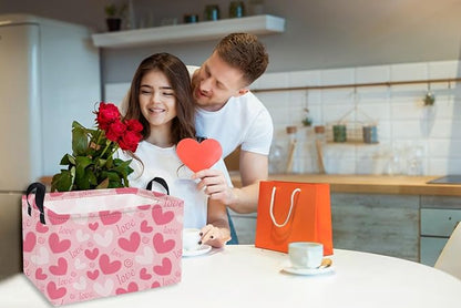Essme Rectangular Valentine's Day Basket,Pink Heart Storage Bins Organizer with Handles for Girls Room Decor, Gift Basket,Shelf Basket.(Pink love heart)
