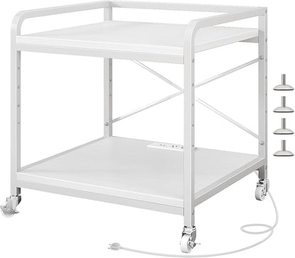 Under Desk Printer Stand with Power Outlet Large Printer Table with Adjustable Shelf,Industrial Wheels, 20 Inches Deep 2 Tier Rolling Printer Cart for Home Office, White