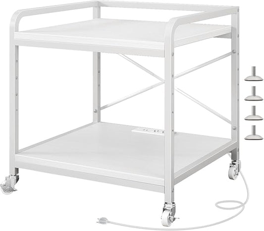 Under Desk Printer Stand with Power Outlet Large Printer Table with Adjustable Shelf,Industrial Wheels, 20 Inches Deep 2 Tier Rolling Printer Cart for Home Office, White