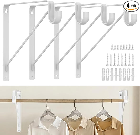Pisman Closet Rod Bracket Heavy Duty,Shelf Bracket with Rod Holder- White Closet Rod Support & Closet Shelf and Rod Bracket for Storage, 10 Inch 4pcs