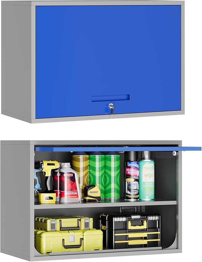 Metal Wall Cabinet with Locking Door and Shelf, Hanging Garage Cabinets with Up-Flip Doors for Garage, Warehouse, Home, Office, Assembly Required (Grey Blue, One Cabinet)