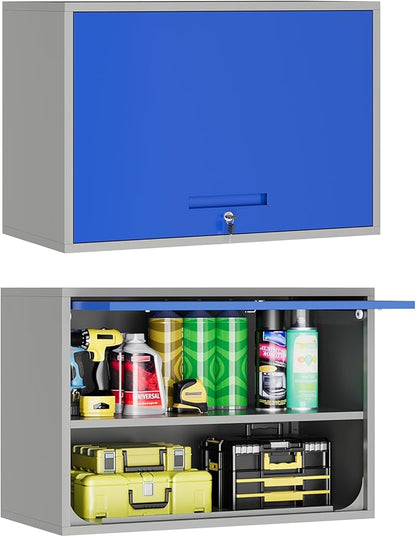 Metal Wall Cabinet with Locking Door and Shelf, Hanging Garage Cabinets with Up-Flip Doors for Garage, Warehouse, Home, Office, Assembly Required (Grey Blue, One Cabinet)