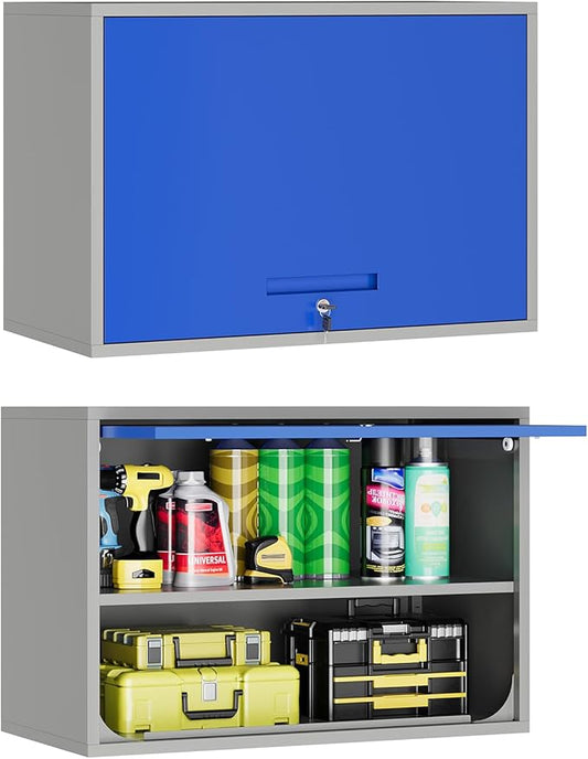 Metal Wall Cabinet with Locking Door and Shelf, Hanging Garage Cabinets with Up-Flip Doors for Garage, Warehouse, Home, Office, Assembly Required (Grey Blue, One Cabinet)