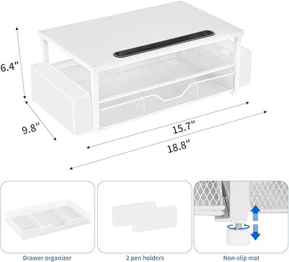 AUPSEN White Monitor Stand Riser, 2-Tier Wood Computer Desk Organizer with Drawer, Pen Storage & Phone Holder, Office Desk Accessories Desktop Organizer for Office Supplies