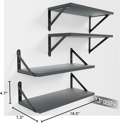 Wall Shelves 7.3" Deep Set of 4, Solid Paulownia Wood Wider Longer Sturdy Easy to Install Wall Mounted Bookshelves Storage Shelves Bathroom Home Office Laundry Room Bedroom Organizer Gray