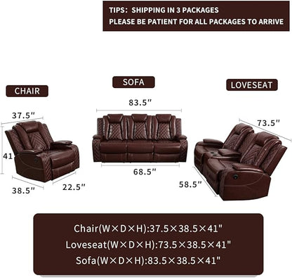 Living Room Furniture Sets, Brown Leather Secitonal Power Recliner Sofa,Power Reclining Sofa Set with 2 Recliner Seats/LED Light/Cup Holder/Storage Console for Living Room/Apartment/Office/RV