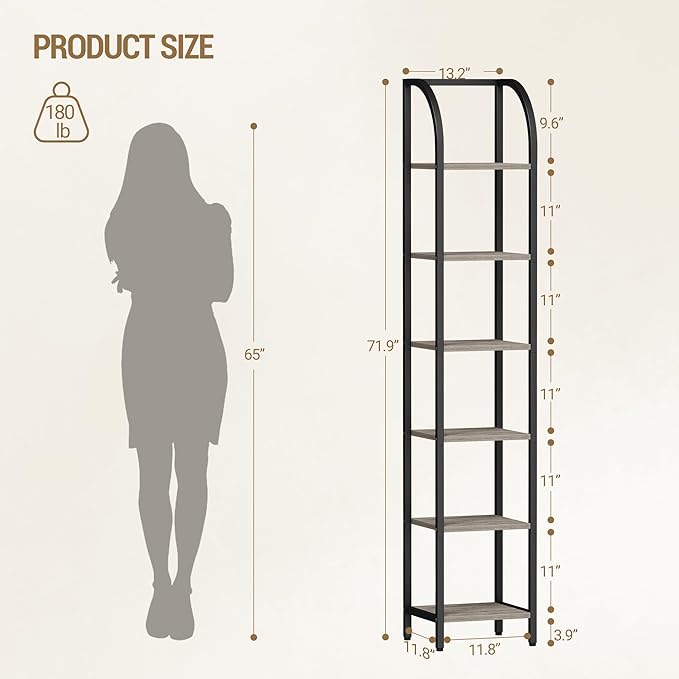 Bookshelf Bookcase Narrow Bookcase Shelf Organizer with Steel Frame for Study Living Room Bedroom Kitchen Home Office Industrial Bookshelf 6-Tier Greige BC56005B