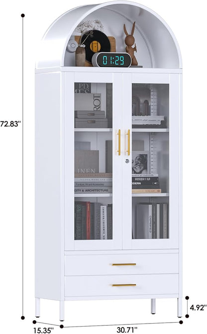 73'' Tall Metal Arched Display Cabinet with Glass Doors, Freestanding Arch Kitchen Pantry Cabinet with 2 Drawers for Home Office Bookcase(White)