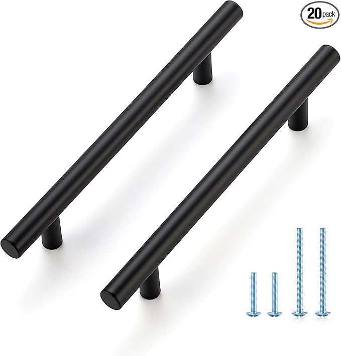 JOY DECOR 20 Pack 7-3/8 Inch Cabinet Pulls Kitchen Cabinet Handles with 5 Inch Hole Center Matte Black Cabinet Hardware Stainless Steel Kitchen Drawer Pulls for Cabinets Cupboard, 128mm Hole Centers