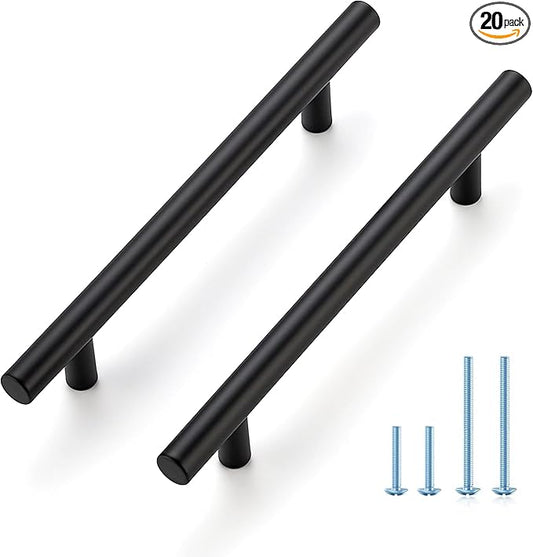 JOY DECOR 20 Pack 7-3/8 Inch Cabinet Pulls Kitchen Cabinet Handles with 5 Inch Hole Center Matte Black Cabinet Hardware Stainless Steel Kitchen Drawer Pulls for Cabinets Cupboard, 128mm Hole Centers