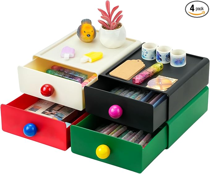 4Pcs Desk Organizer, FHDUSRYO Stackable Desktop Storage Box with Drawer, Large Desk Drawer Organizer with Cute Handle, Plastic Makeup Storage Drawer, Desk Organizer and Accessories for Home Office