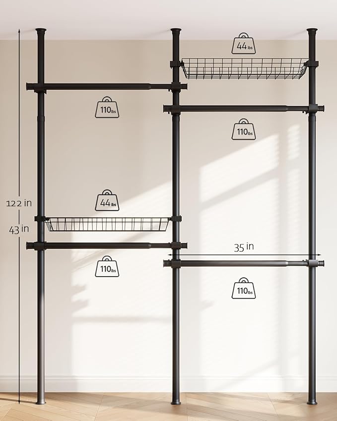 Floor-to-Ceiling Clothing Rack with 2 Wire Storage Baskets, 4 Hanging Rods, Adjustable Tension Closet Organizer for Bedroom, Walk-In Closet, Laundry Room, 4-Pole, Black