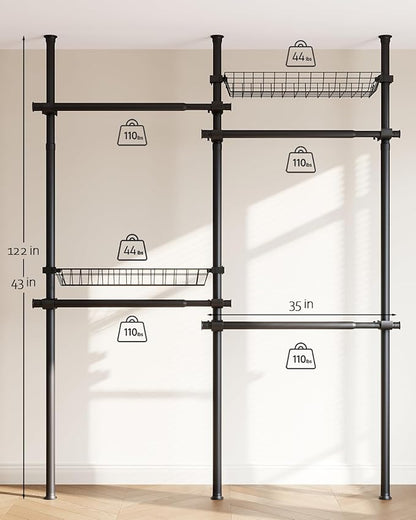 Floor-to-Ceiling Clothing Rack with 2 Wire Storage Baskets, 4 Hanging Rods, Adjustable Tension Closet Organizer for Bedroom, Walk-In Closet, Laundry Room, 4-Pole, Black