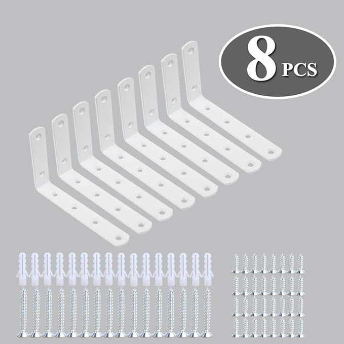 WINKER Corner Brace 8Pcs Shelf Bracket Heavy Duty White Steel L WINKER Corner Brace, Decorative Joint Angle Bracket for Shelf 5 InchX3 Inch Shelves Wall Hanging Bracket with Screws(16PCS))