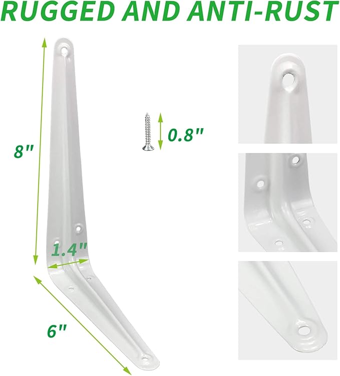 Shelf Brackets 8 Inch, 20 Pack White Metal Heavy Duty L Adjustable Floating Shelves Bracket, 8 x 6 Inch Industrial Pipe Decorative Shelf Angle Bracket for Wall with Screws
