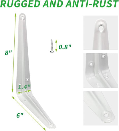 Shelf Brackets 8 Inch, 20 Pack White Metal Heavy Duty L Adjustable Floating Shelves Bracket, 8 x 6 Inch Industrial Pipe Decorative Shelf Angle Bracket for Wall with Screws