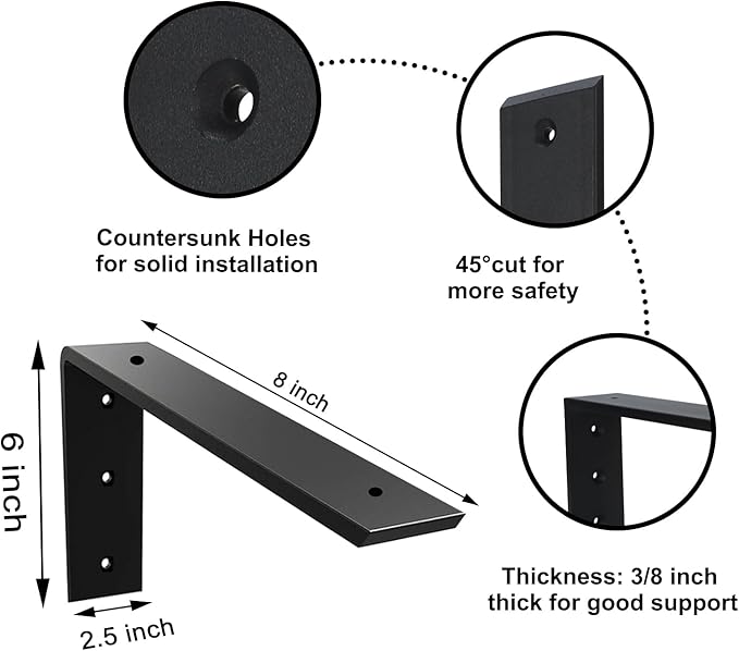 Countertop Support Bracket 4 Pack 8 inch Heavy Duty 3/8" Thick Black Granite Countertop Bracket 8"x6"x2.5" Shelf L Bracket Mantel Corbels for Quartz/Granite/Wood/Concret/Laminate Countertops