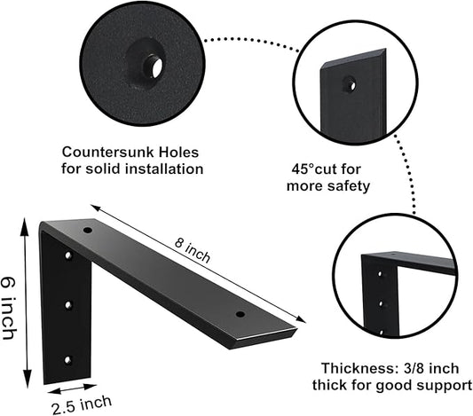 Countertop Support Bracket 2 Pack 8 inch Heavy Duty 3/8" Thick Black Granite Countertop Bracket 8"x6"x2.5" Shelf L Bracket Mantel Corbels for Quartz/Granite/Wood/Concret/Laminate Countertops