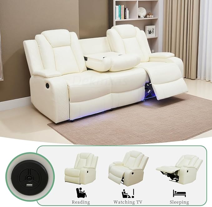 Power Recliner Sofa Set, Ivory White Leather Sectional Reclining Sofa with 2 Recliner Seats, Living Room Furniture Set with LED Light/Cup Holder/Storage Console for Office & Living Room