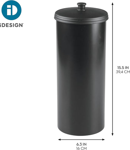 iDesign Freestanding Bathroom Toilet Paper Storage Holder with Lid for 3 Extra Rolls, Matte Black