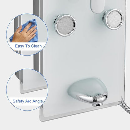 POPFLY Tempered Glass Shower Panel Tower System, 9" Adjustable Shower Arm Height, 304 Stainless Steel White Shower Panels Tower with 6 Massage Jet and Tub Spout