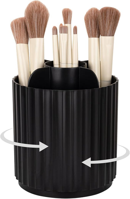 Anyoifax Makeup Brush Holder Organizer 360°Rotating Make Up Brushes Container for Vanity, Spinning Cosmetics Storage Cup, Stripe Black