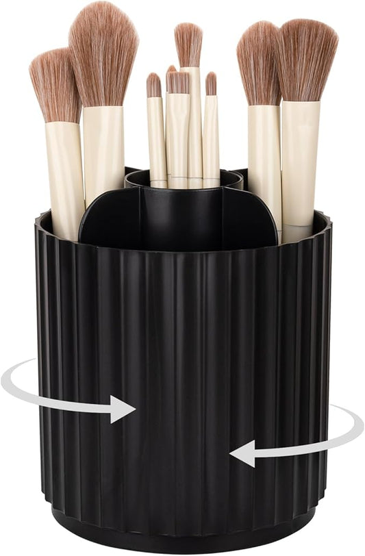 Anyoifax Makeup Brush Holder Organizer 360°Rotating Make Up Brushes Container for Vanity, Spinning Cosmetics Storage Cup, Stripe Black