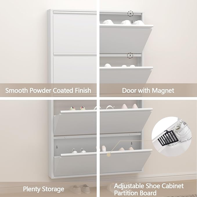 GREATMEET Metal Shoe Cabinet with 4 Flip Drawers, Wall Mount Shoe Organizer for Entryway, Narrow Shoe Storage Cabinet for Entryway Slim, Hidden Shoes Rack (White, 4 FILP Drawers)
