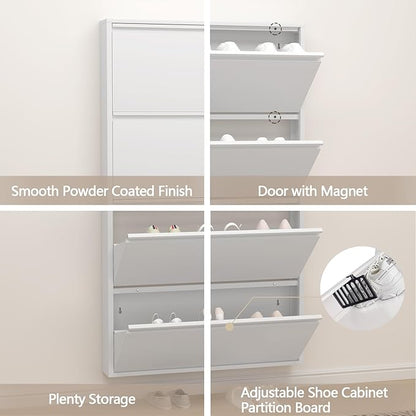 GREATMEET Metal Shoe Cabinet with 4 Flip Drawers, Wall Mount Shoe Organizer for Entryway, Narrow Shoe Storage Cabinet for Entryway Slim, Hidden Shoes Rack (White, 4 FILP Drawers)