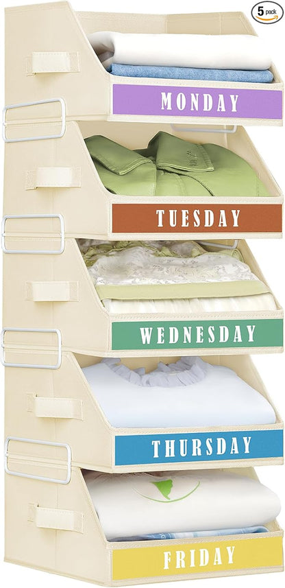 Closet Organizers and Storage - 5 Tier Shelf Organizer with Weekly Labels, Stackable Storage Bins with Metal Frame, Foldable Cube Bins, Home Baskets for Kids and Adults, Beige