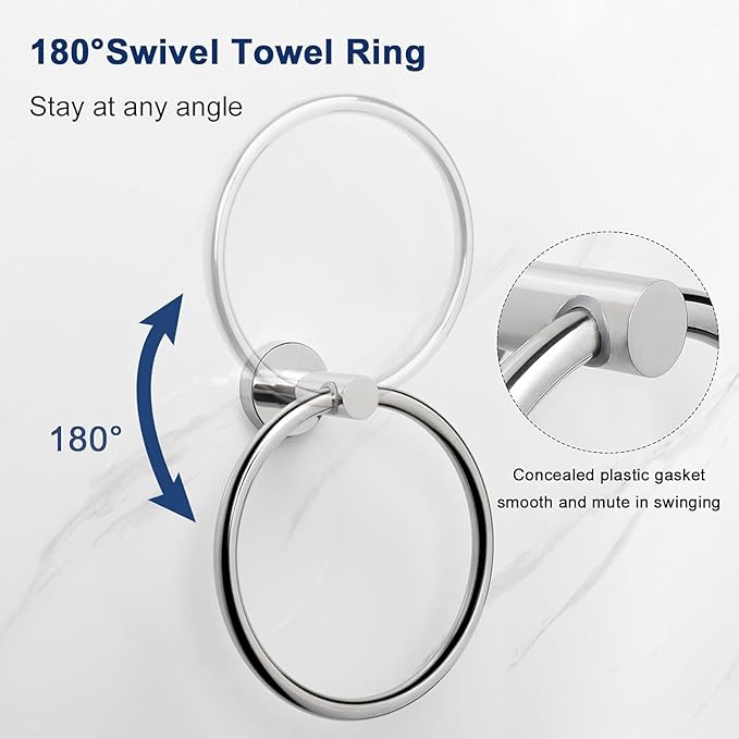 NearMoon Bath Towel Ring, Bathroom Hardware Accessories-Thicken Stainless Steel Hand Towel Holder for Bathroom, Modern Round Towel Hanger Wall Mounted (Chrome, 5 Pack)
