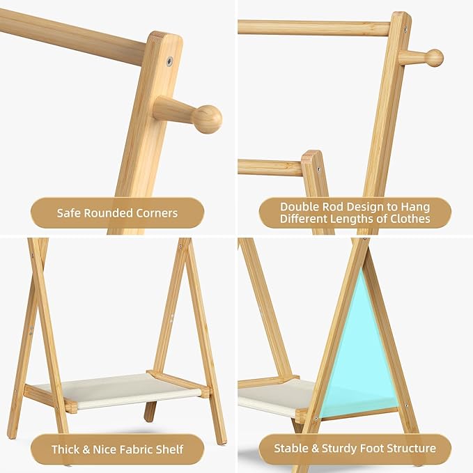 Kids Clothing Rack, Small Clothes Rack for Toddler Pets, Kids Dress Up Rack with Storage Shelf & Double Rods, Foldable Kids Clothes Rack for Nursery Child's Room (Small Size)
